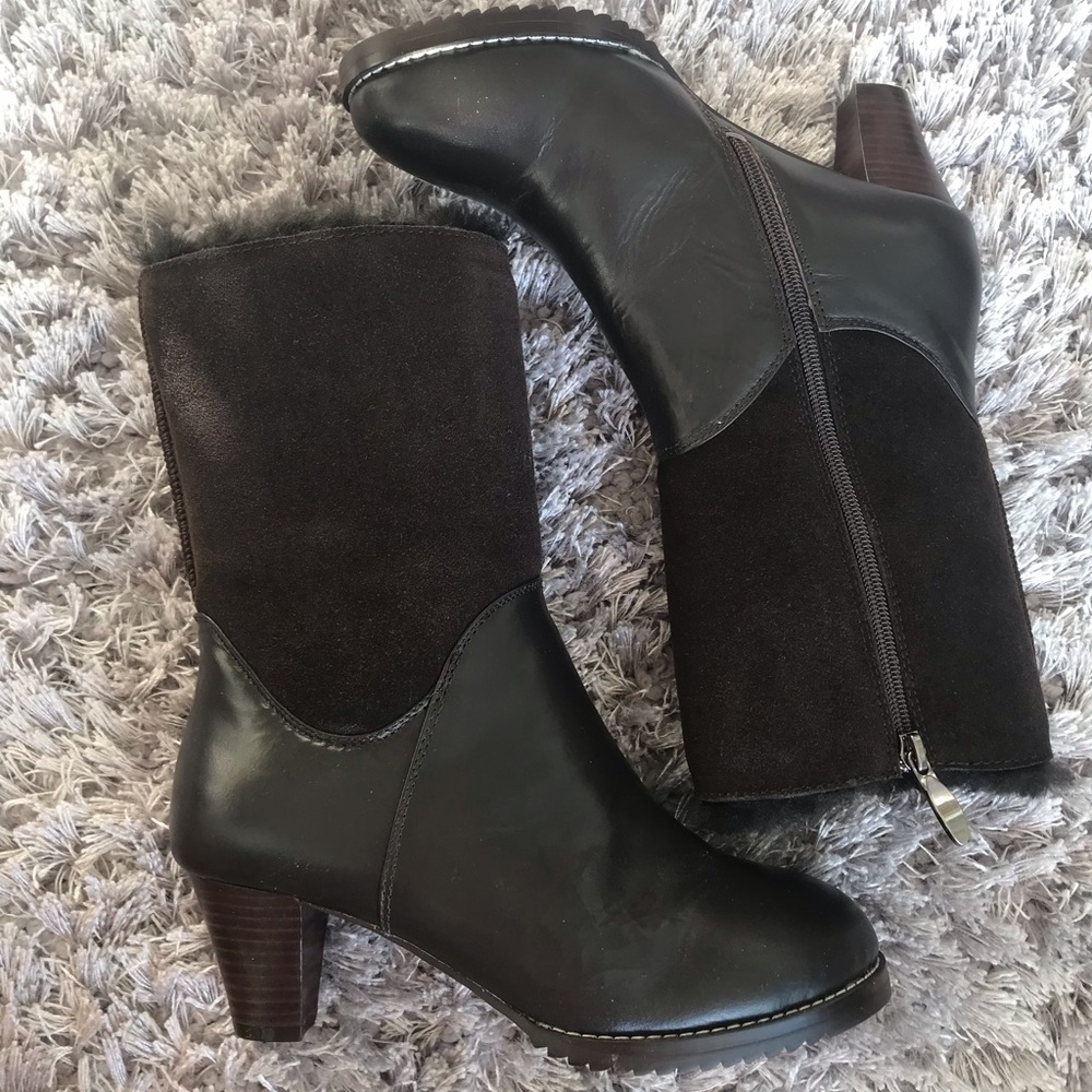 Dark brown leather and fur med height boots